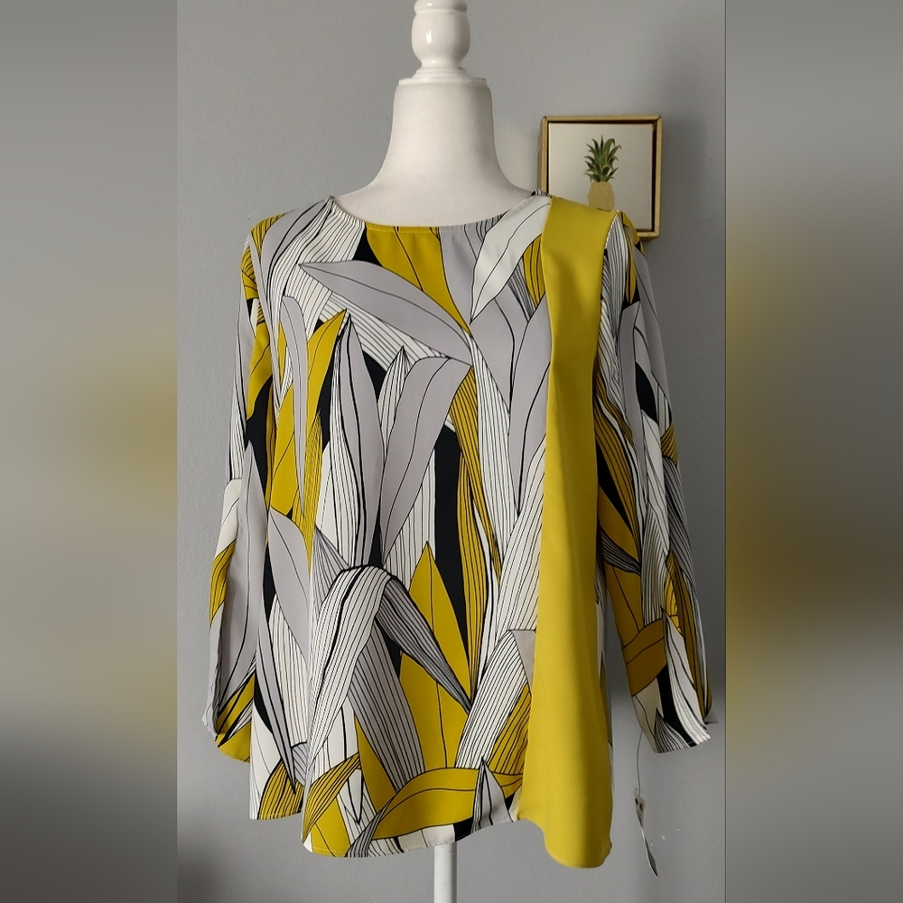 Alfani Top Blouse Long Sleeve  Yellow  Gray White Long Sleeves  XS New
